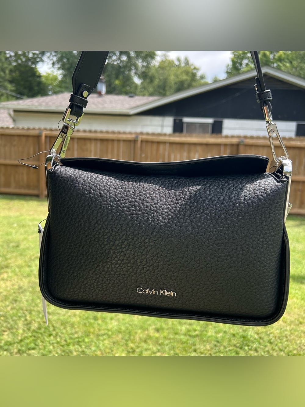MWT Calvin Klein Black Pebbled Leather Shoulder Bag with Silver Hardware